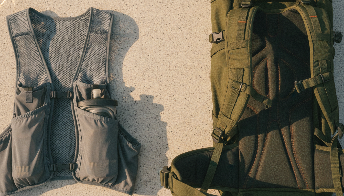 Overhead detail of a grey trail running vest harness with a soft flask in its chest pocket, lying on pale stone beside the padded shoulder straps and hip belt of an olive hiking backpack