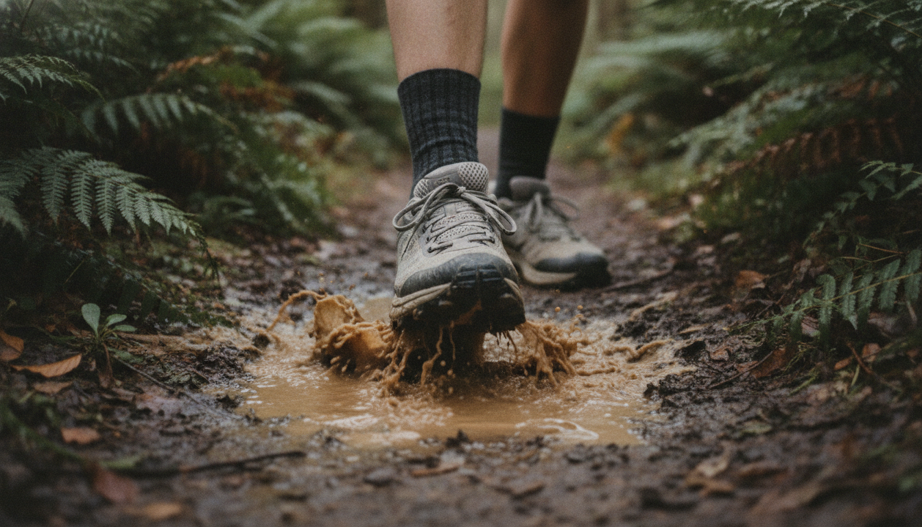 A low-cut mesh trail running shoe stepping straight into a shallow muddy puddle in the middle of a narrow forest trail, water splashing over the sole