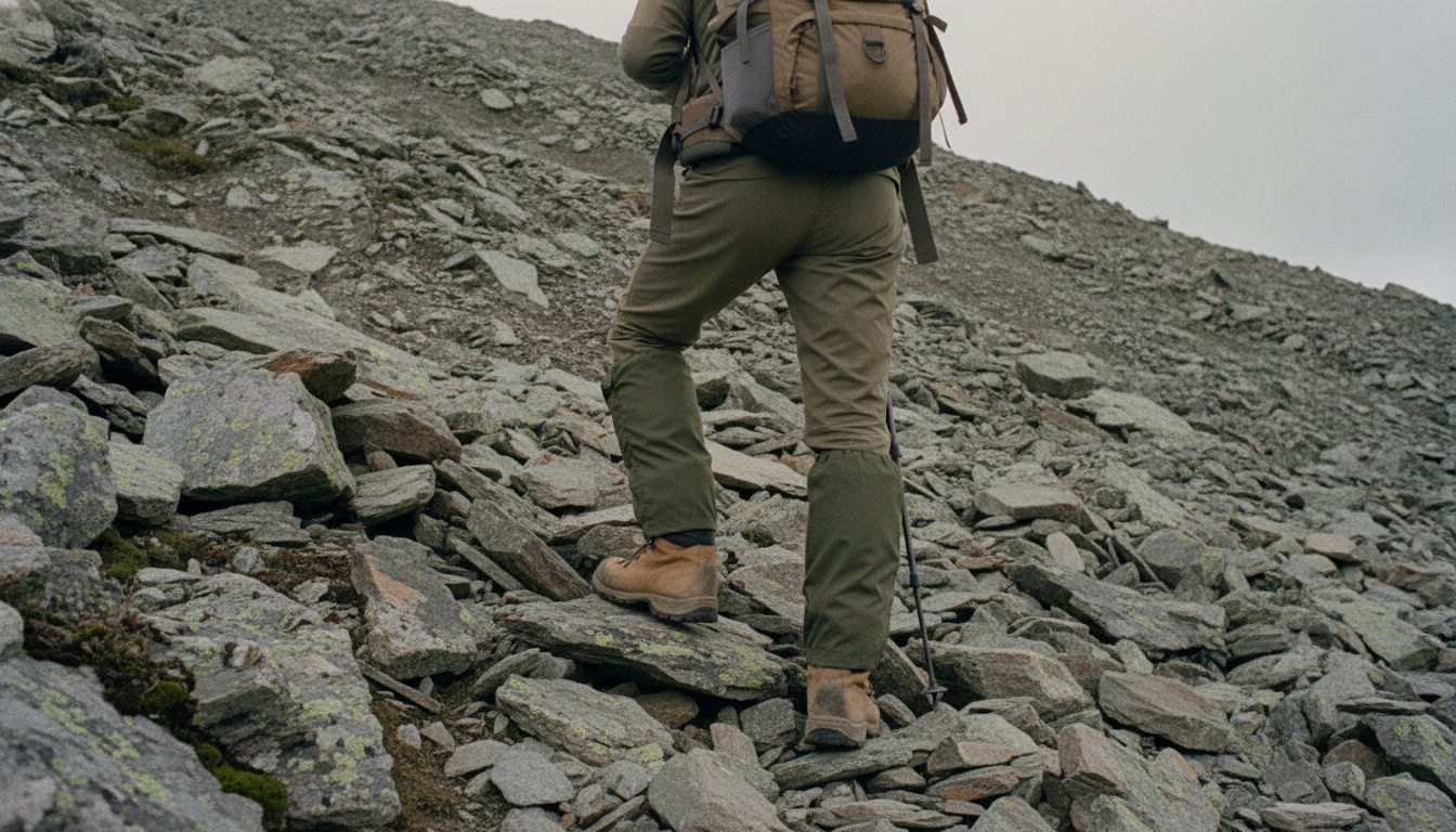 A hiker's lower legs and boots stepping up a steep slope of loose gray talus, with a full pack and a trekking pole
