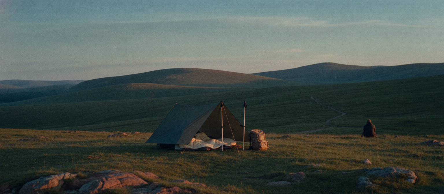 A small A-frame tarp pitched over two trekking poles on open grassland at dusk, with a quilt and a small pack beside it