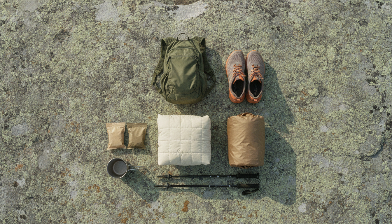A minimal overnight kit laid out on a lichen-covered rock: a small pack, trail running shoes, a quilt, a rolled tarp, folded trekking poles and a titanium pot