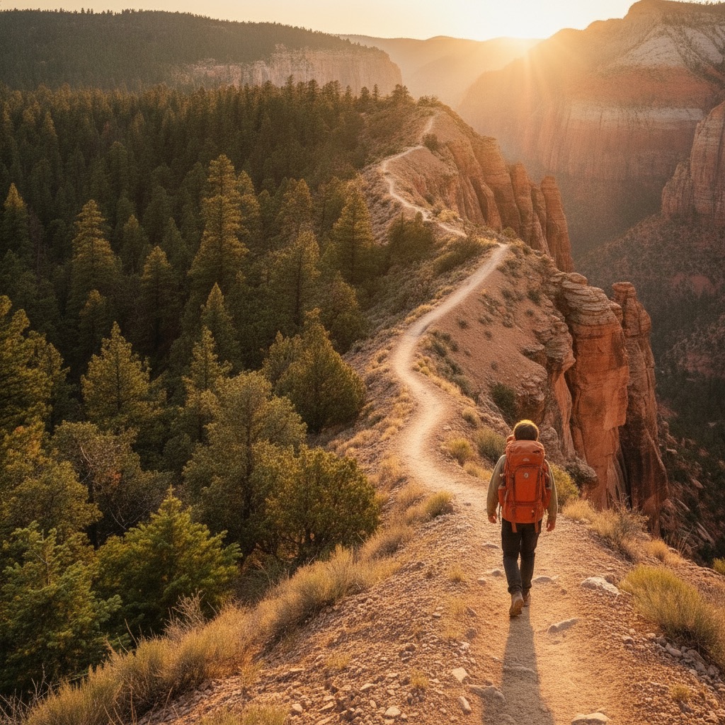 Hiker seen from behind, climbing a ridgeline trail at sunrise toward canyon cliffs