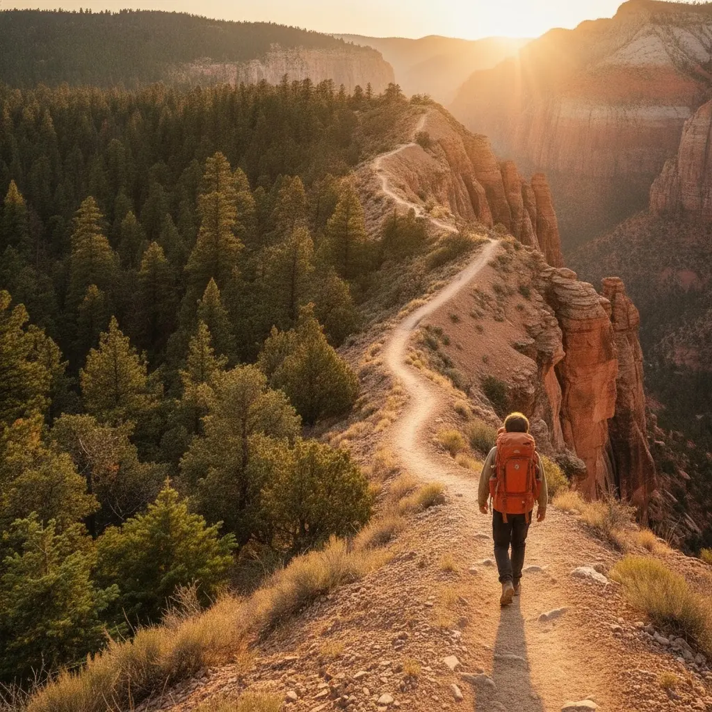 Hiker seen from behind, climbing a ridgeline trail at sunrise toward canyon cliffs